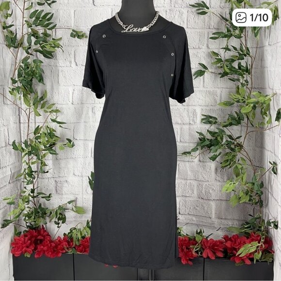 Ekouaer Black Snap Buttons Short Sleeve Dress - Picture 1 of 3